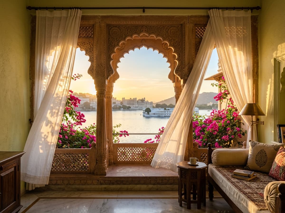 Arched courtyard window looking over lake